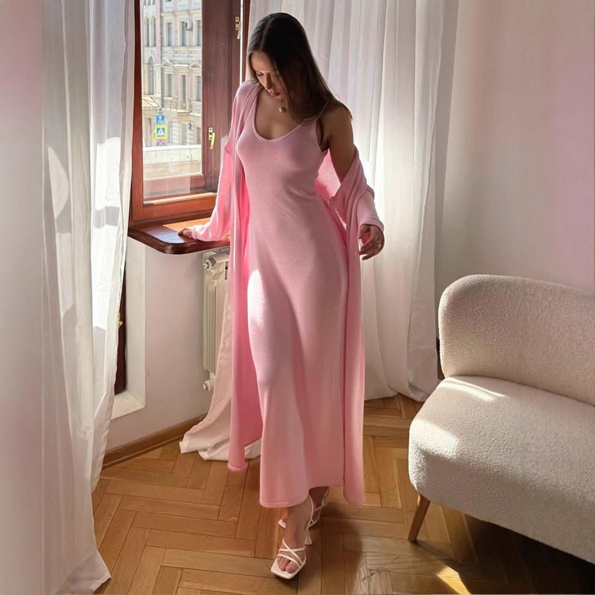 Elegant Knitted Two - Piece Set - Long Sleeve Cardigan & Suspenders Dress Women Outfit(MS108) - Mariam's Collection