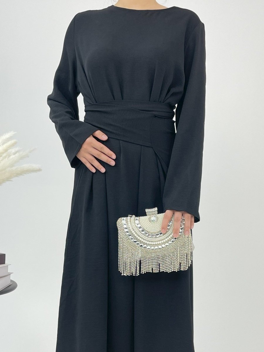 Elegant Lace - Up Ice Crape Abaya Evening Gown.(MA160) - Mariam's Collection