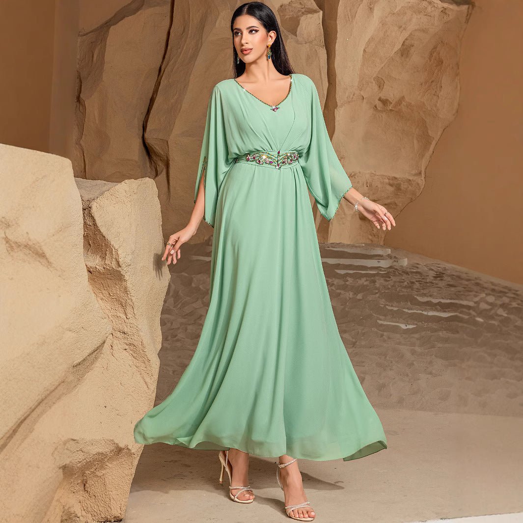 Elegant Mint Green V - Neck Swing Flowy A - Line Maxi Dress with Bell Sleeves & Embellished Belt Abaya. (MA189) - Mariam's Collection