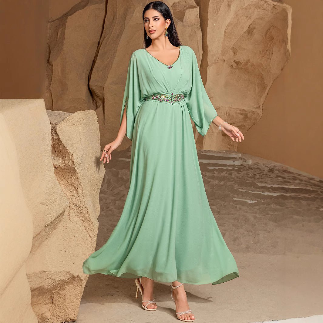 Green Mother of the Bride Dress Elegant Casual V Neck Floor Length Chiffon 3 4 Length Sleeve with Crystals 2025 Green Mother of the Bride Dress Elegant Casual V Neck Floor Length Chiffon 3 4 Length Sleeve with Crystals 2025