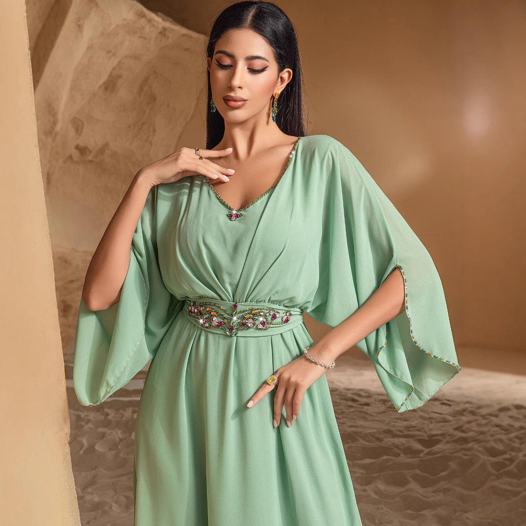 Elegant Mint Green V - Neck Swing Flowy A - Line Maxi Dress with Bell Sleeves & Embellished Belt Abaya. (MA189) - Mariam's Collection