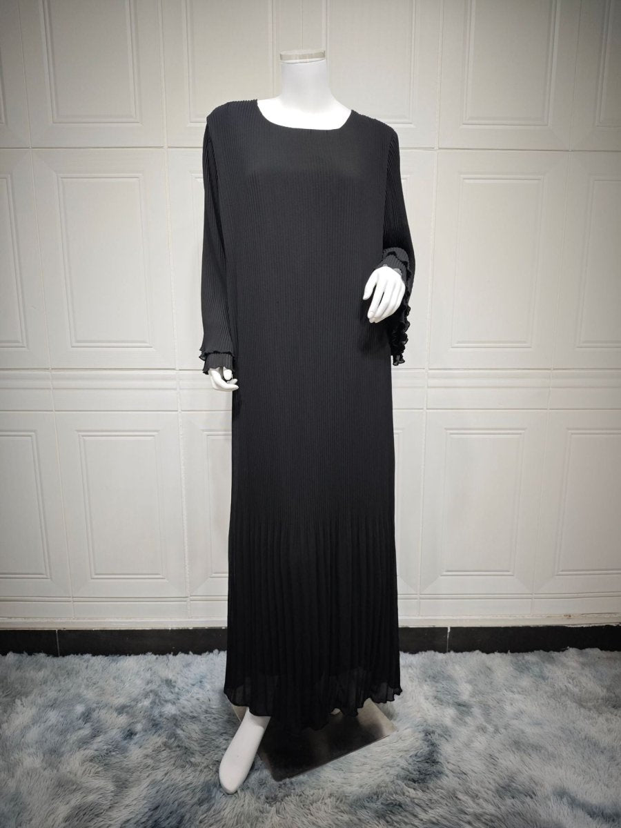 muslim black dress Elegant Muslim Women's Pleated Chiffon Pullover Robe Dress Modest Solid Color Abaya with Flared Sleeves (MA176), Black / XL