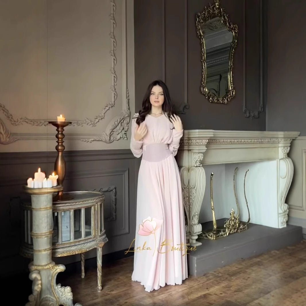 bubble long sleeve dress Elegant Pearl-Accented Bubble Sleeve Dress with Spliced Waist(MA297) Pink / XS
