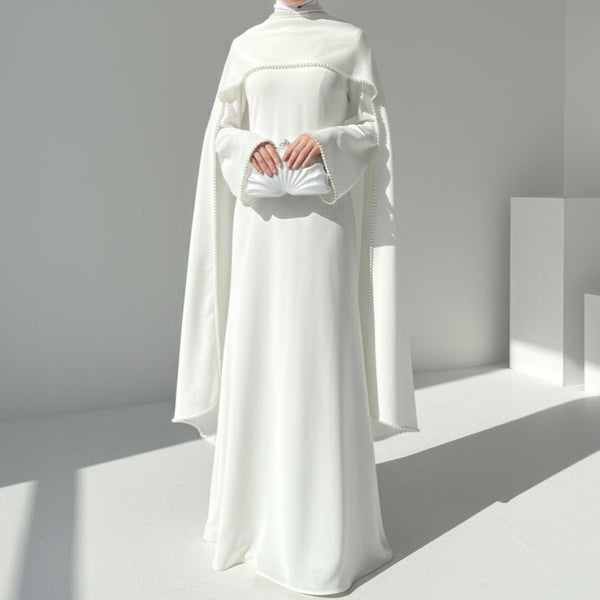 Elegant Pearl Embellished Cape Sleeve Evening Dress(MA337) - Mariam's Collection