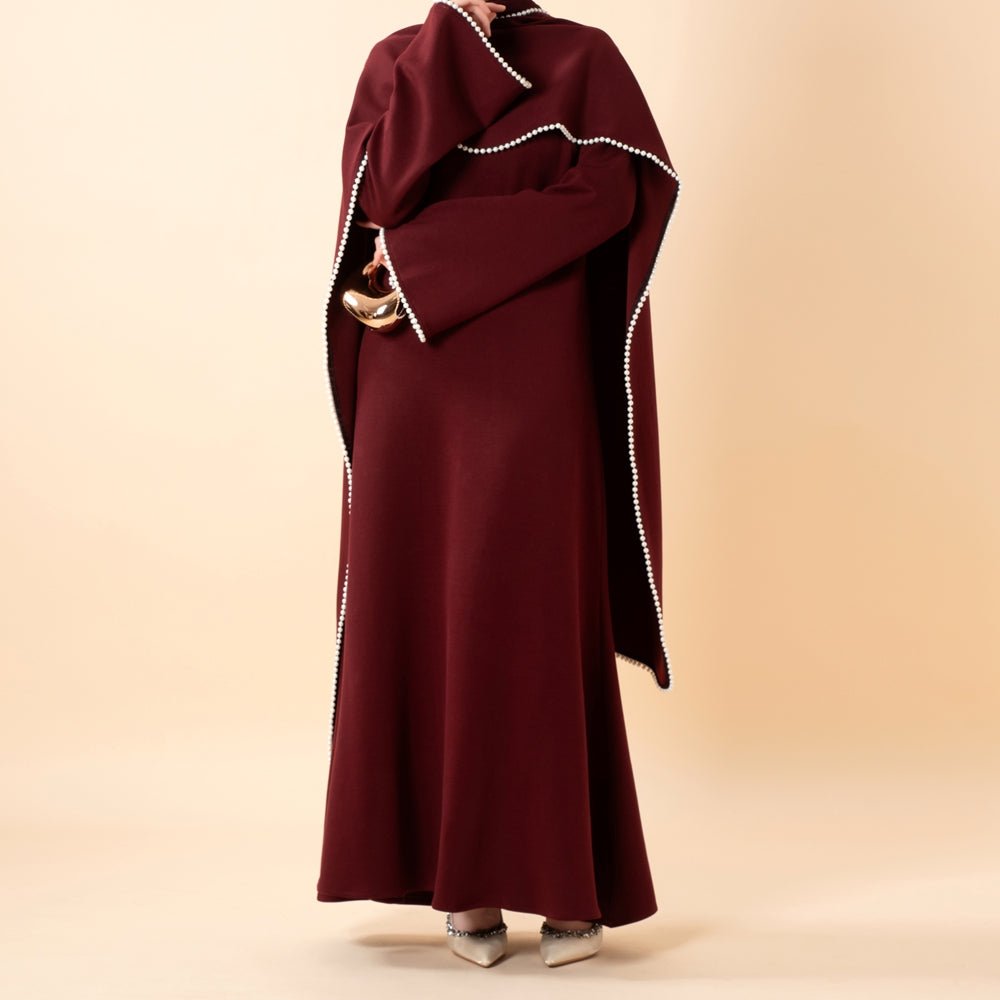 Elegant Pearl Embellished Cape Sleeve Evening Dress(MA337) - Mariam's Collection