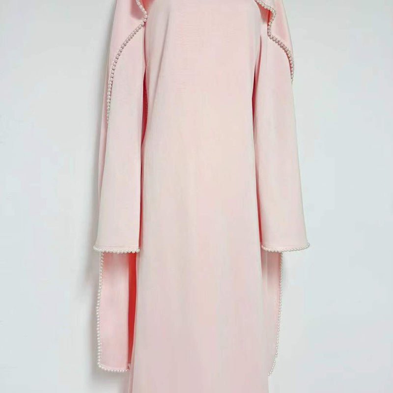 Elegant Pearl Embellished Cape Sleeve Evening Dress(MA337) - Mariam's Collection