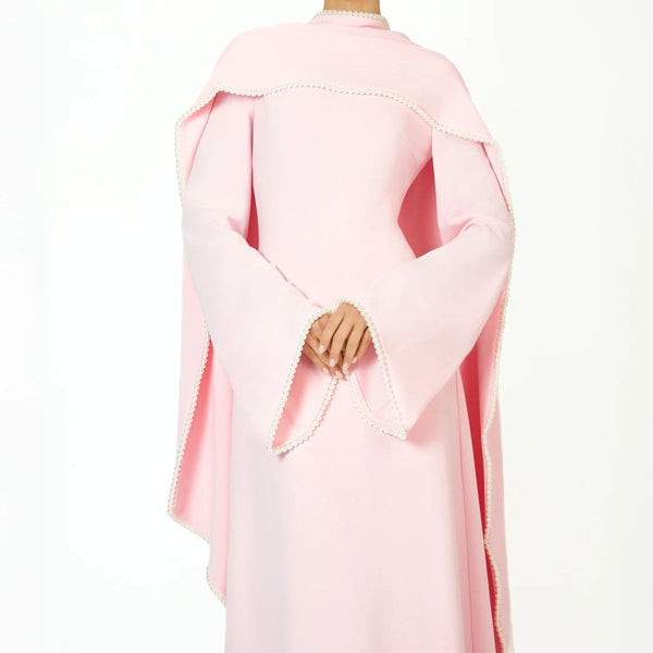 Pink pearl-embellished cape sleeve evening abaya - formal modest gown