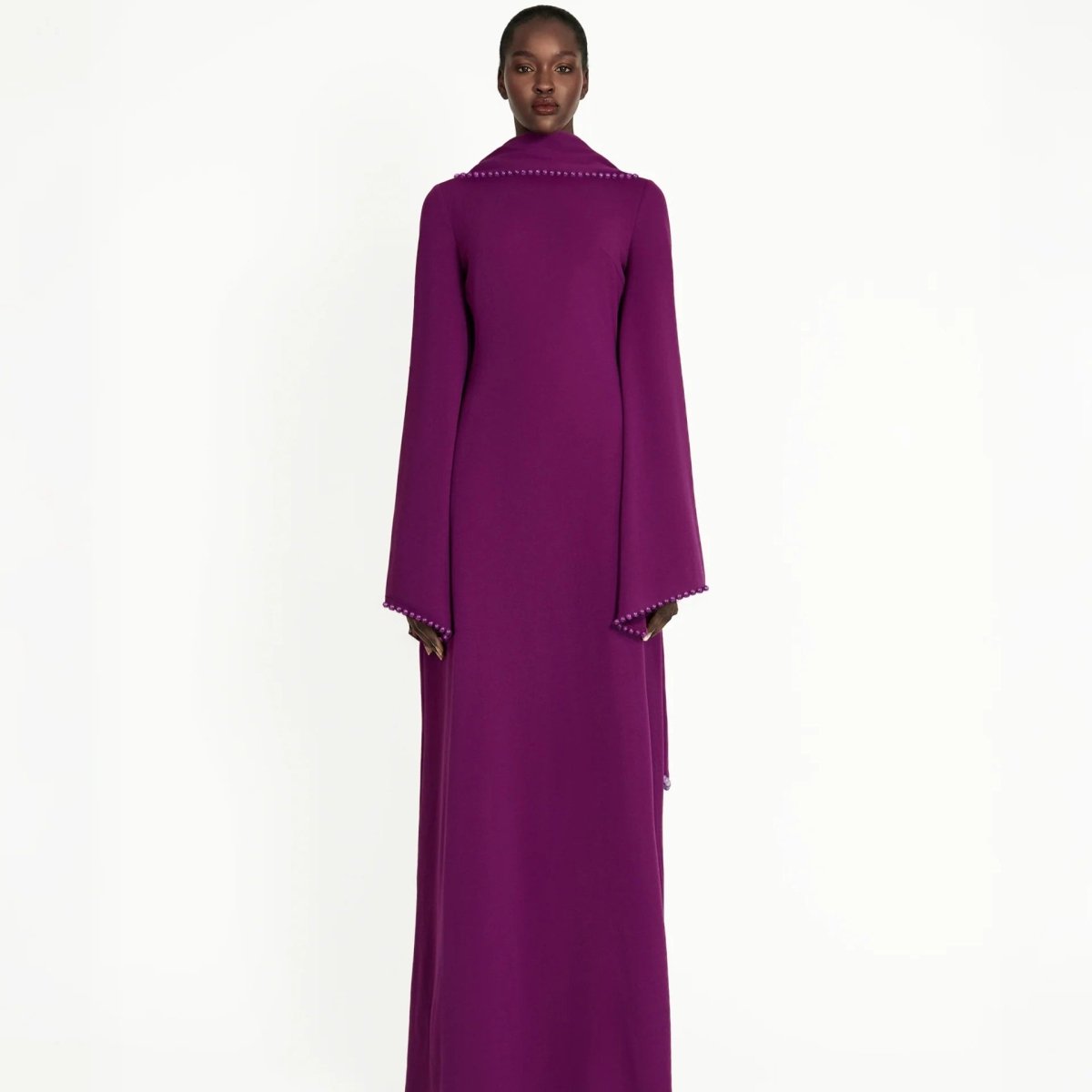 Elegant Pearl Embellished Cape Sleeve Evening Dress(MA337) - Mariam's Collection