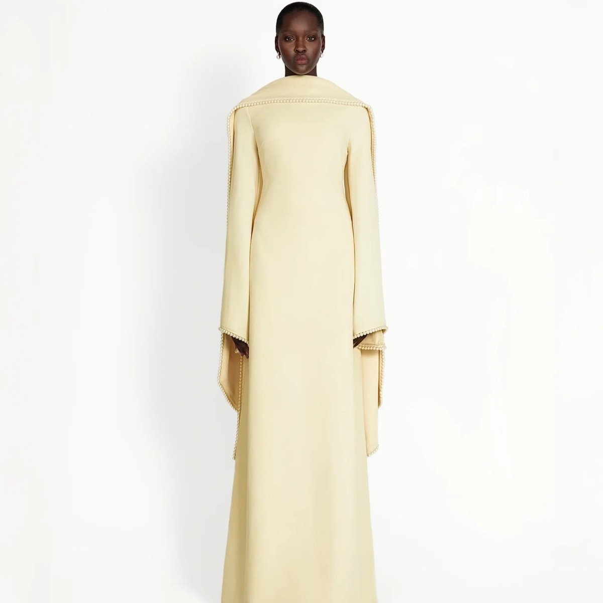 Elegant Pearl Embellished Cape Sleeve Evening Dress(MA337) - Mariam's Collection