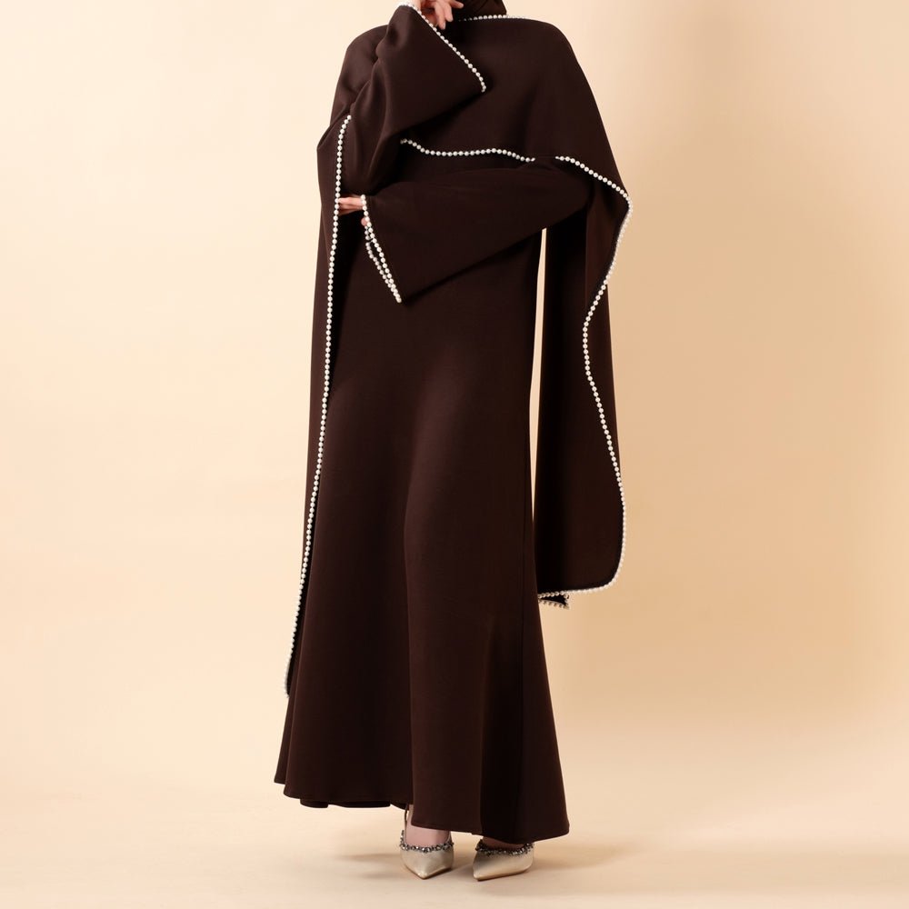 Elegant Pearl Embellished Cape Sleeve Evening Dress(MA337) - Mariam's Collection