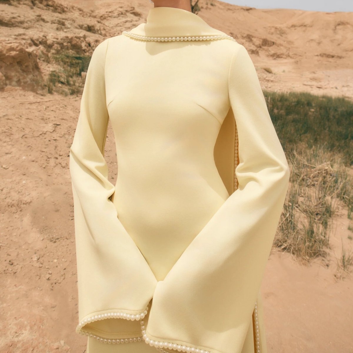 Elegant Pearl Embellished Cape Sleeve Evening Dress(MA337) - Mariam's Collection