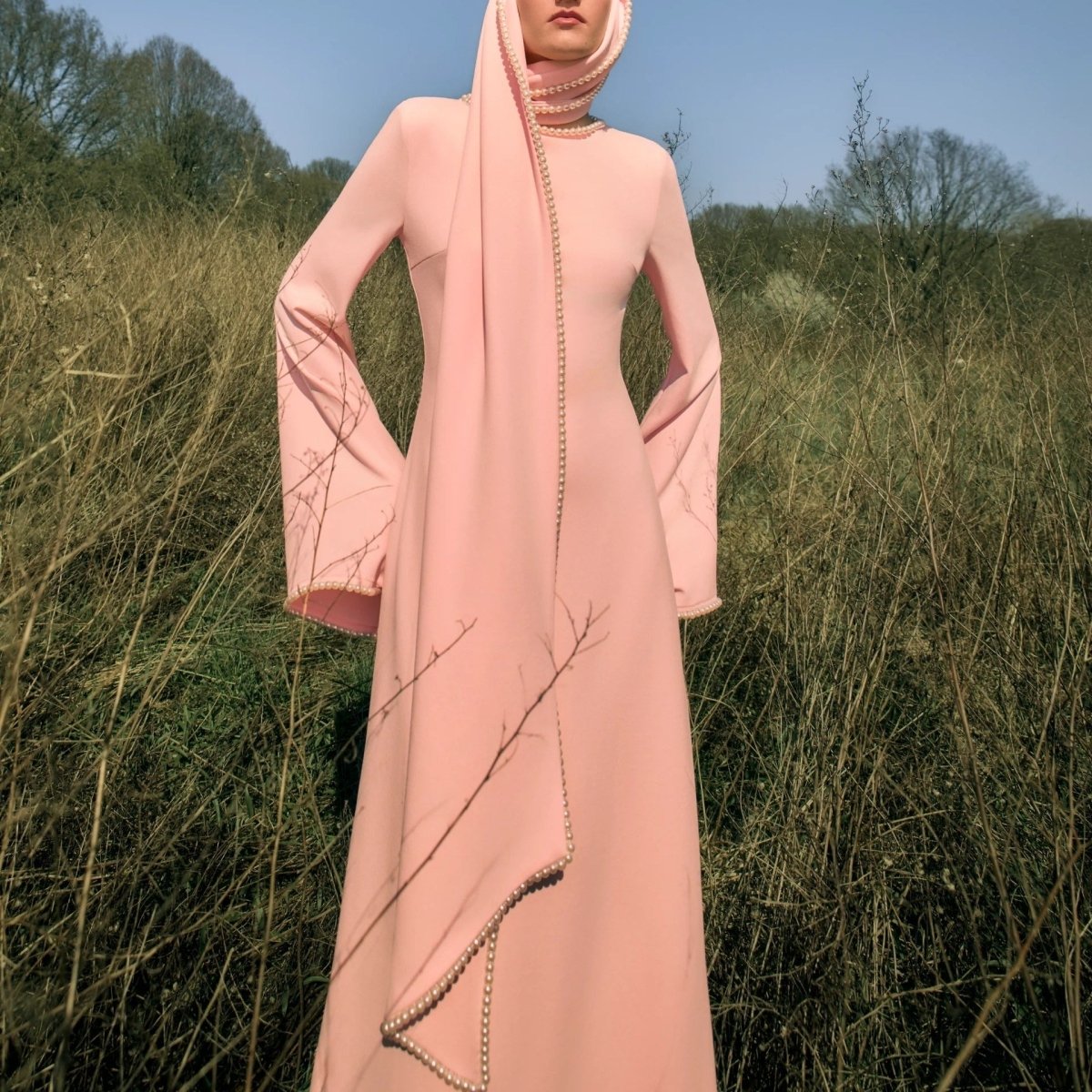 Elegant Pearl Embellished Cape Sleeve Evening Dress(MA400) - Mariam's Collection