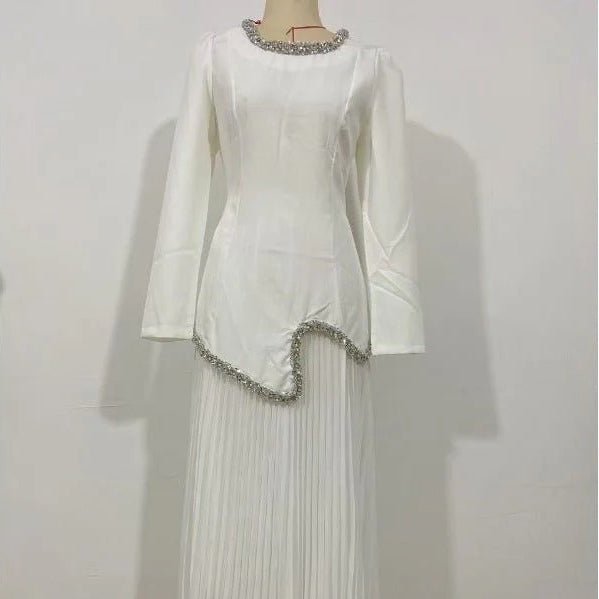 Elegant Pleated Abaya Dress with Diamond Embellished Collar & Waist | Modest Muslim Maxi Dress with Back Strap Detail(MA294) - Mariam's Collection