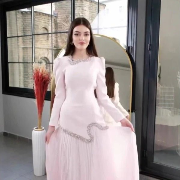 Elegant Pleated Abaya Dress with Diamond Embellished Collar & Waist | Modest Muslim Maxi Dress with Back Strap Detail(MA294) - Mariam's Collection