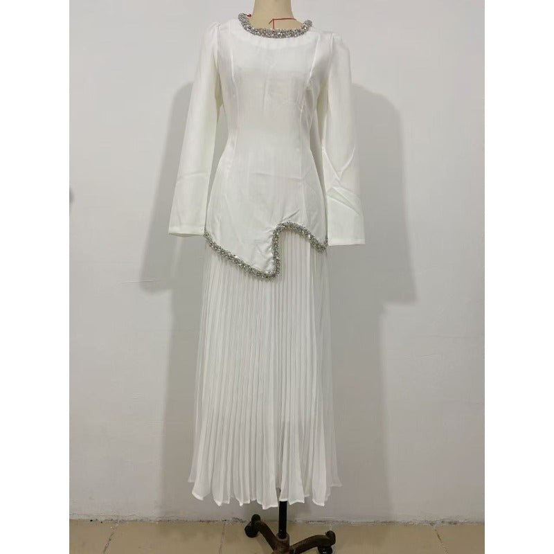 Elegant Pleated Abaya Dress with Diamond Embellished Collar & Waist | Modest Muslim Maxi Dress with Back Strap Detail(MA294) - Mariam's Collection