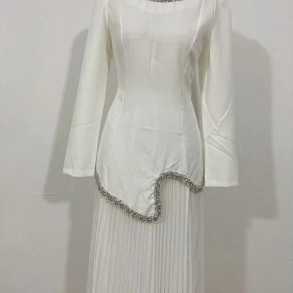 Elegant Pleated Abaya Dress with Diamond Embellished Collar & Waist | Modest Muslim Maxi Dress with Back Strap Detail(MA294) - Mariam's Collection