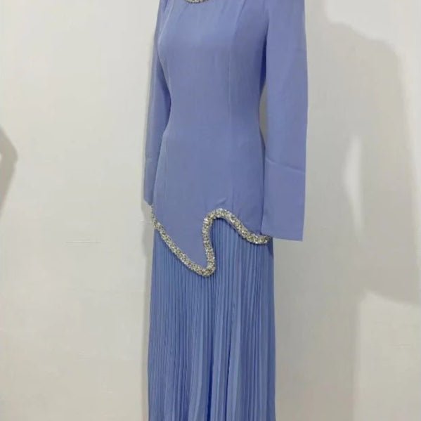 Elegant Pleated Abaya Dress with Diamond Embellished Collar & Waist | Modest Muslim Maxi Dress with Back Strap Detail(MA294) - Mariam's Collection