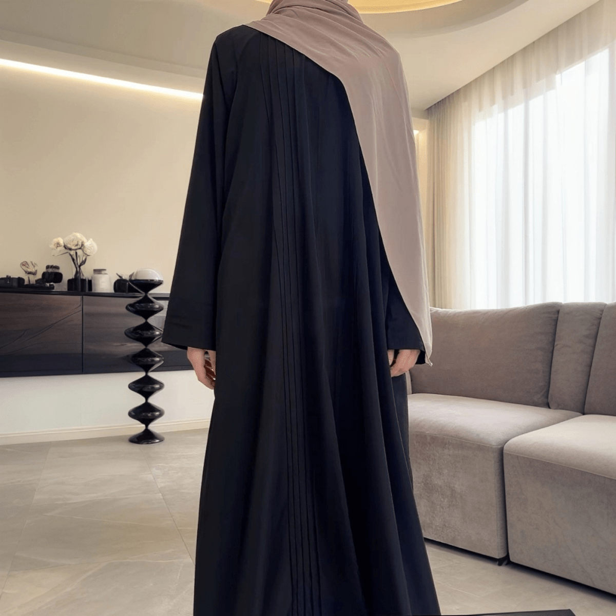 Elegant Pleated Georgette Maxi Dress Abaya | Long Sleeve Modest Dress with Hidden Pockets (MA254) - Mariam's Collection