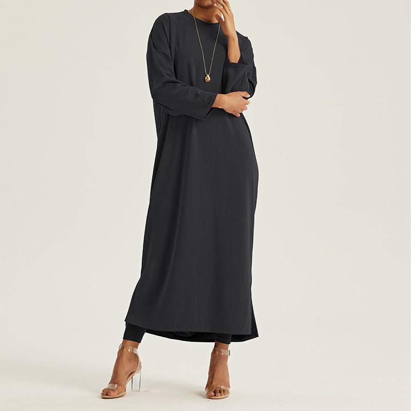 modest black maxi dress Round Neck Drop Shoulder Maxi Dress