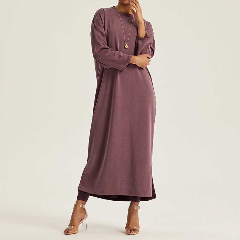 Round Neck Drop Shoulder Maxi Dress - Solid Color Modest Abaya with Side Slits