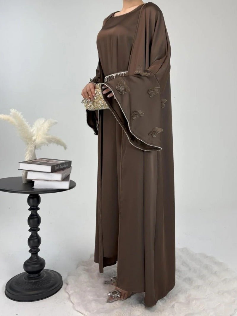 Elegant Satin Abaya, Flared Sleeve Abaya 3 - Piece Set (MOA143) - Mariam's Collection