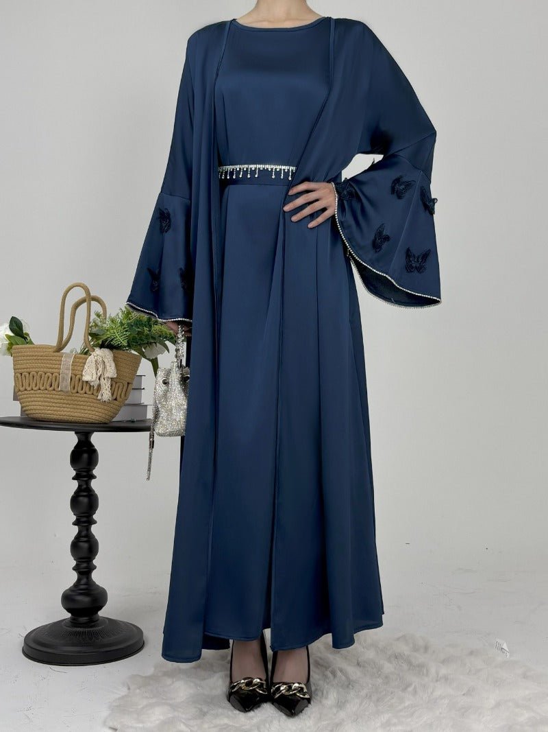 Elegant Satin Abaya, Flared Sleeve Abaya 3 - Piece Set (MOA143) - Mariam's Collection
