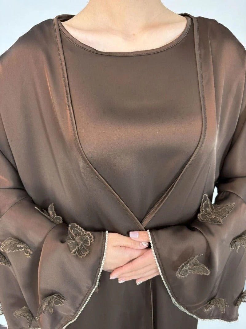 Elegant Satin Abaya, Flared Sleeve Abaya 3 - Piece Set (MOA143) - Mariam's Collection