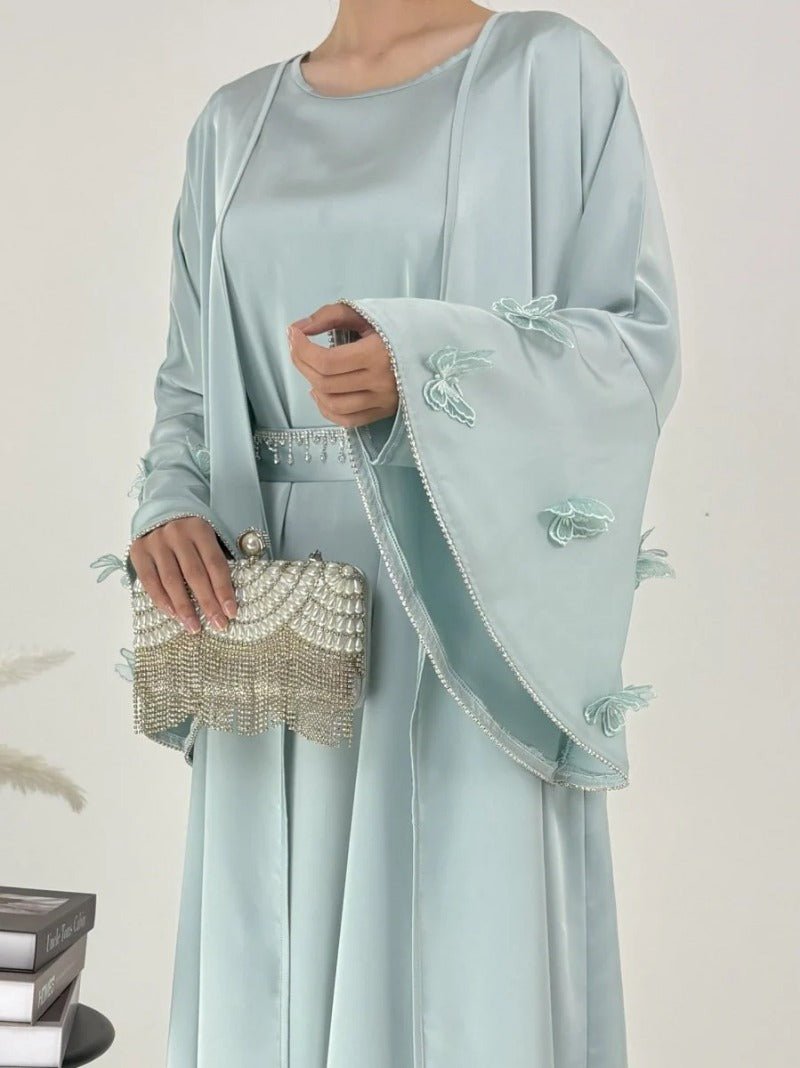 Elegant Satin Abaya, Flared Sleeve Abaya 3 - Piece Set (MOA143) - Mariam's Collection