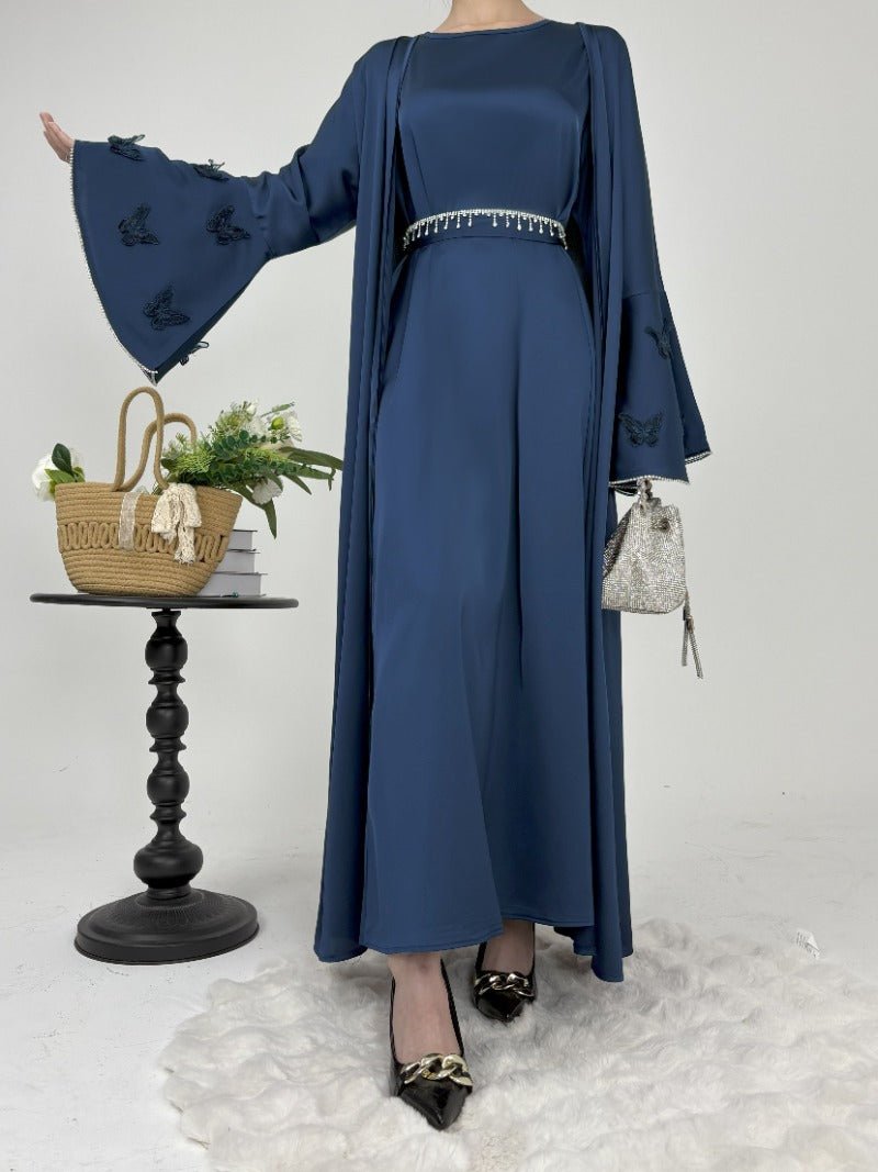 Elegant Satin Abaya, Flared Sleeve Abaya 3 - Piece Set (MOA143) - Mariam's Collection