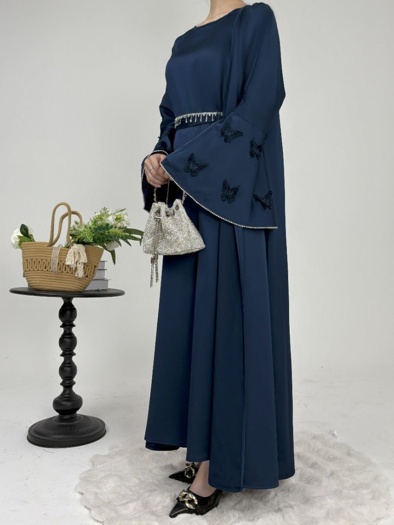 Elegant Satin Abaya, Flared Sleeve Abaya 3 - Piece Set (MOA143) - Mariam's Collection