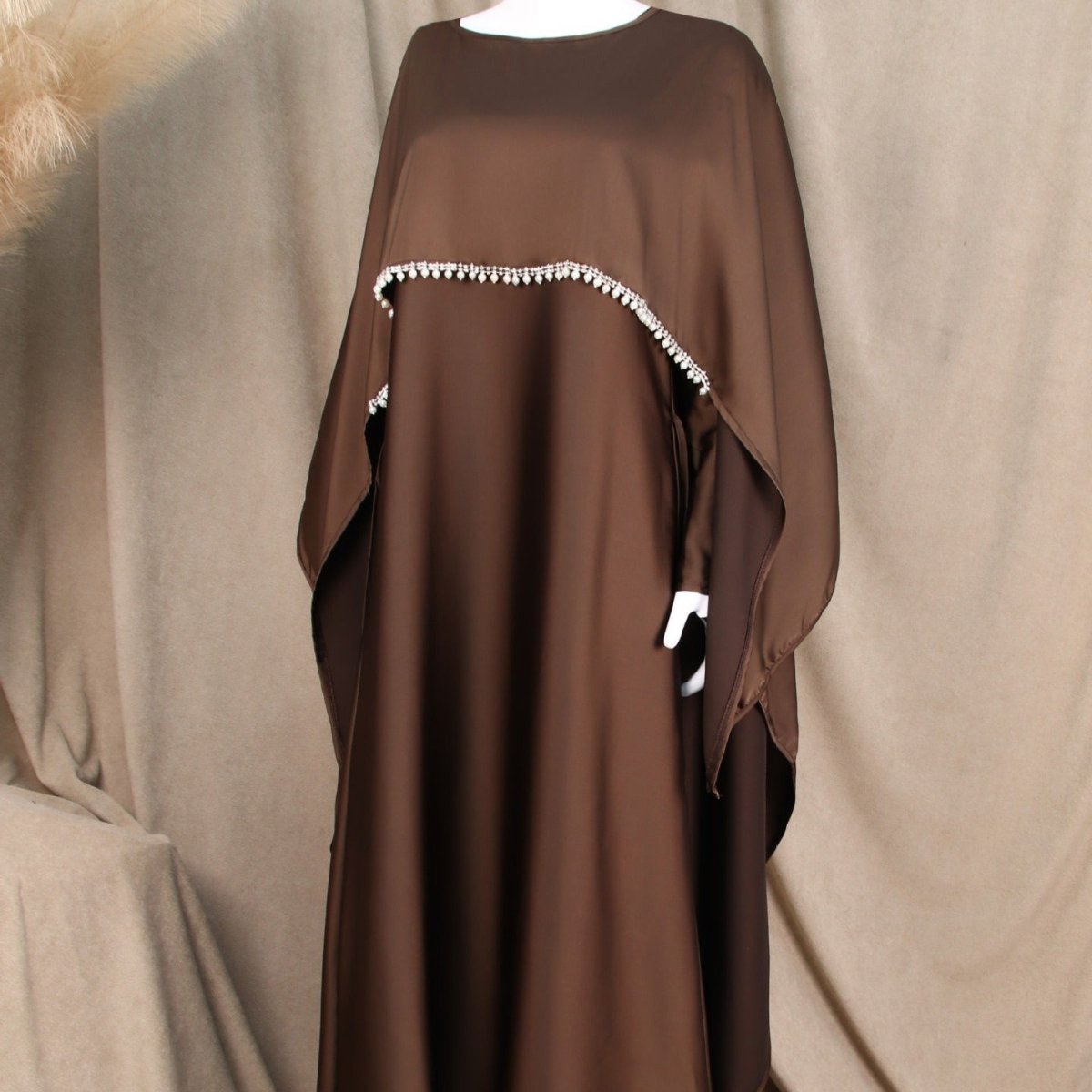 Elegant Satin Abaya with Rhinestone Cape | Luxurious Modest Evening Dress (MA327) - Mariam's Collection