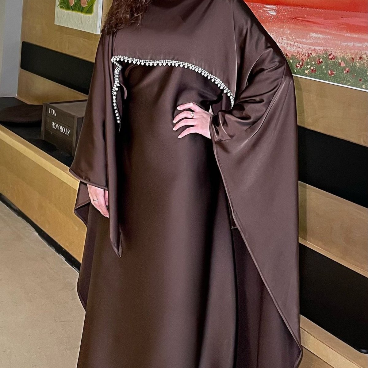 Elegant Satin Abaya with Rhinestone Cape | Luxurious Modest Evening Dress (MA327) - Mariam's Collection