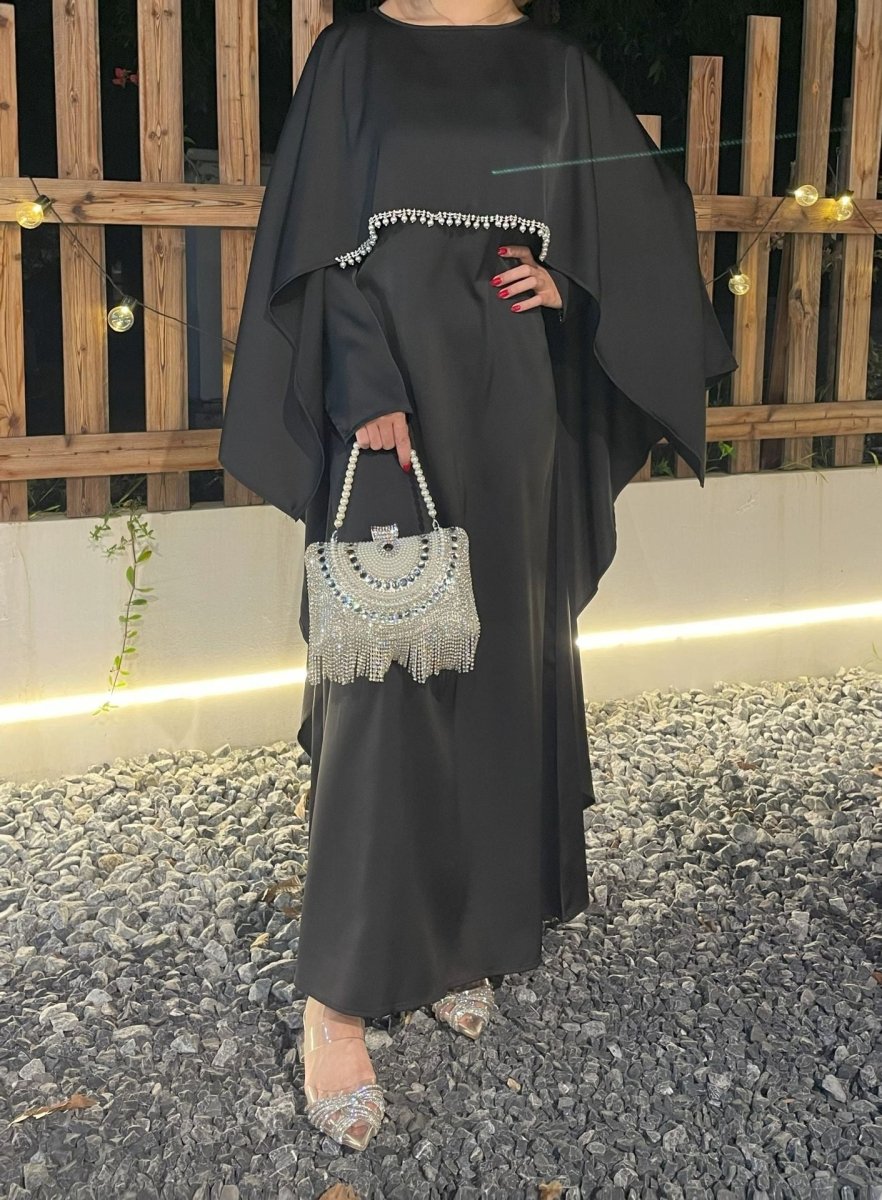 Elegant Satin Abaya with Rhinestone Cape | Luxurious Modest Evening Dress(MA327) - Mariam's Collection