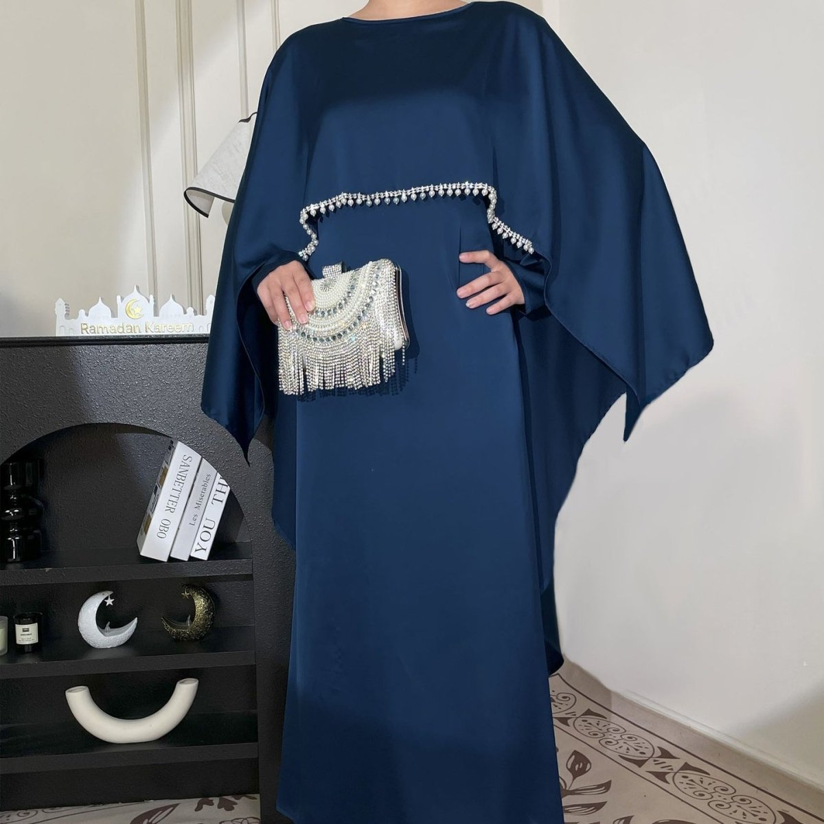 Elegant Satin Abaya with Rhinestone Cape | Luxurious Modest Evening Dress(MA327) - Mariam's Collection