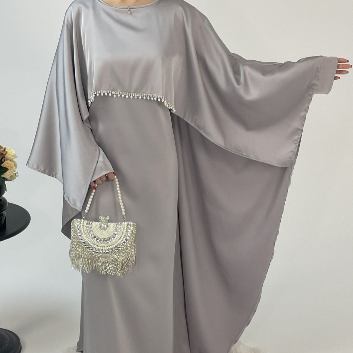 Elegant Satin Abaya with Rhinestone Cape | Luxurious Modest Evening Dress(MA327) - Mariam's Collection