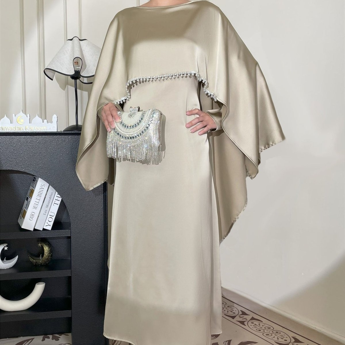 Elegant Satin Abaya with Rhinestone Cape | Luxurious Modest Evening Dress(MA327) - Mariam's Collection