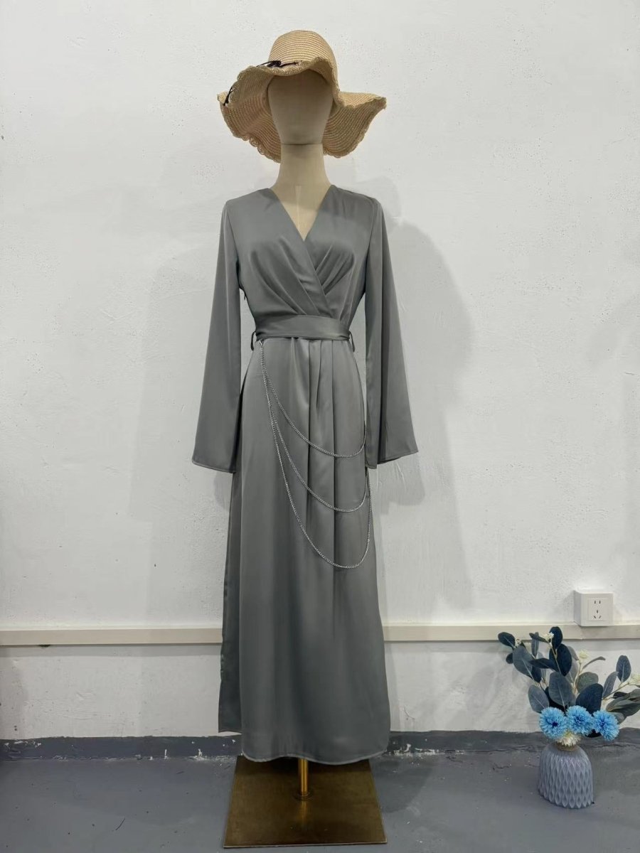 Elegant Satin Maxi Dress Abaya with Waist Chains V-Neck Long Sleeve Solid Color Dresses. (MA204) Grey / S Elegant Satin Maxi Dress Abaya with Waist Chains V-Neck Long Sleeve Solid Color Dresses. (MA204) Grey / S