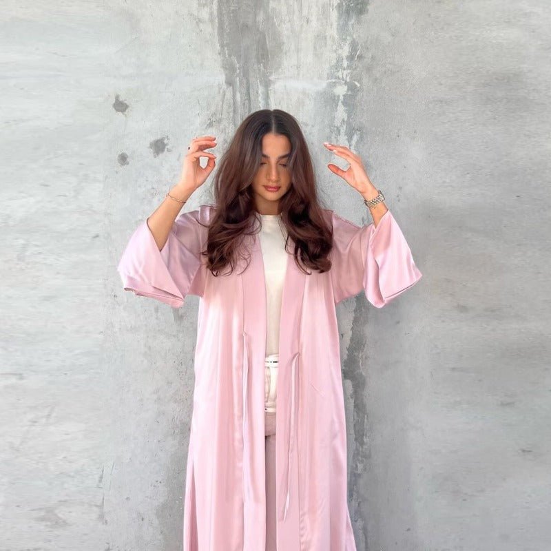 Elegant Satin Open - Front Abaya Robe | Solid Color Modest Dress with Flowy Bell Sleeves(MOA219) - Mariam's Collection
