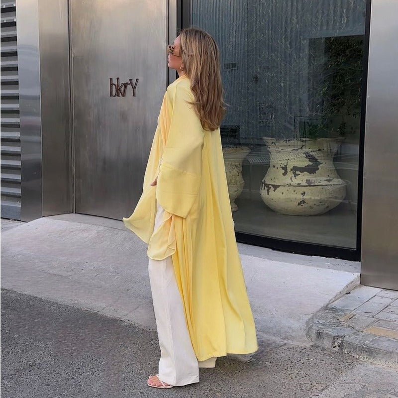 Elegant Satin Open - Front Abaya Robe | Solid Color Modest Dress with Flowy Bell Sleeves(MOA219) - Mariam's Collection