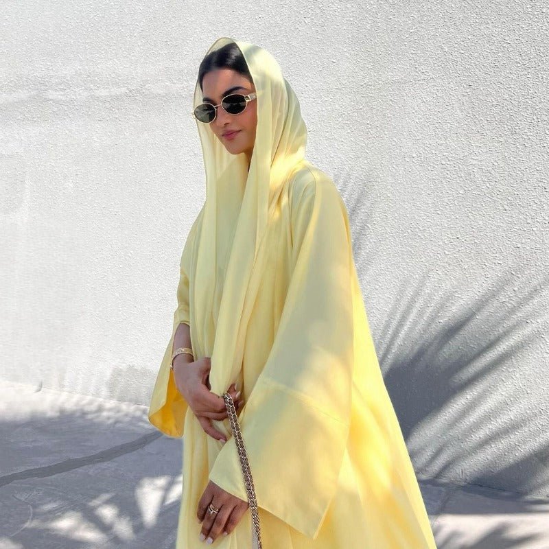 Elegant Satin Open - Front Abaya Robe | Solid Color Modest Dress with Flowy Bell Sleeves(MOA219) - Mariam's Collection