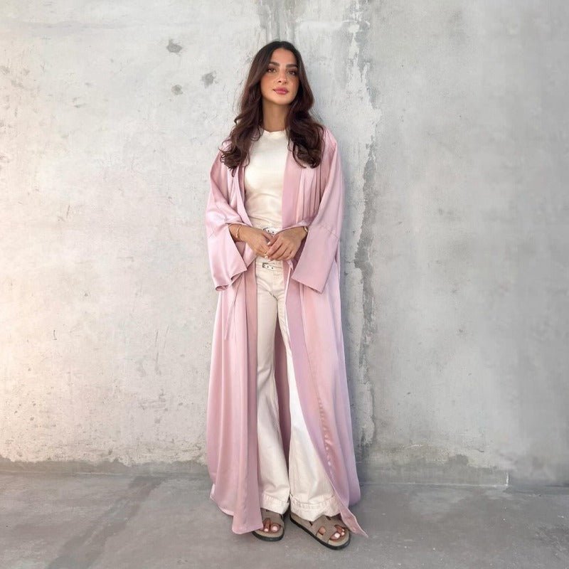 Elegant Satin Open - Front Abaya Robe | Solid Color Modest Dress with Flowy Bell Sleeves(MOA219) - Mariam's Collection