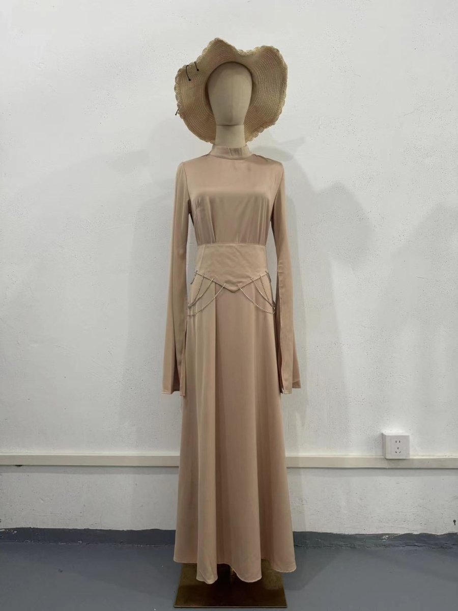 fitted lace wedding dress Elegant Semi-Turtleneck Long Sleeve Spring Court-Style Satin Dress Abaya.  (MA194)