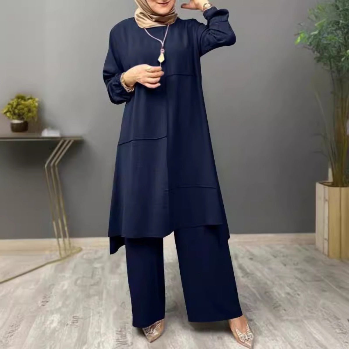Elegant Sportswear Two - Piece Set | Modest Muslim Athleisure Bubble Sleeve Top & Wide Leg Pants. (MS101) - Mariam's Collection