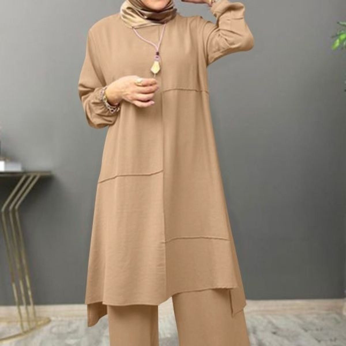 Elegant Sportswear Two - Piece Set | Modest Muslim Athleisure Bubble Sleeve Top & Wide Leg Pants. (MS101) - Mariam's Collection