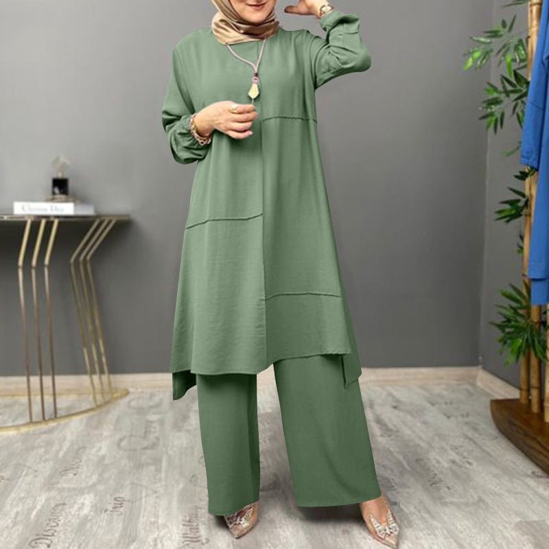 Elegant Sportswear Two - Piece Set | Modest Muslim Athleisure Bubble Sleeve Top & Wide Leg Pants. (MS101) - Mariam's Collection