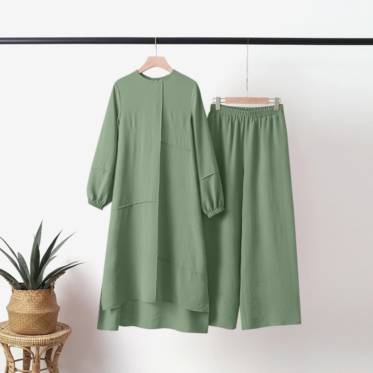 Elegant Sportswear Two - Piece Set | Modest Muslim Athleisure Bubble Sleeve Top & Wide Leg Pants. (MS101) - Mariam's Collection