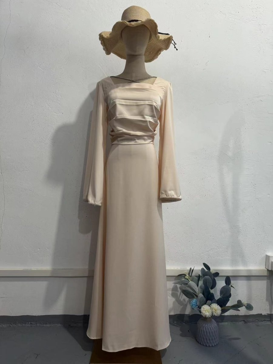 Elegant Square Neck Silk Satin Diamond Necklace Long Sleeve Gown with Flared Cuffs. (MA225) - Mariam's Collection