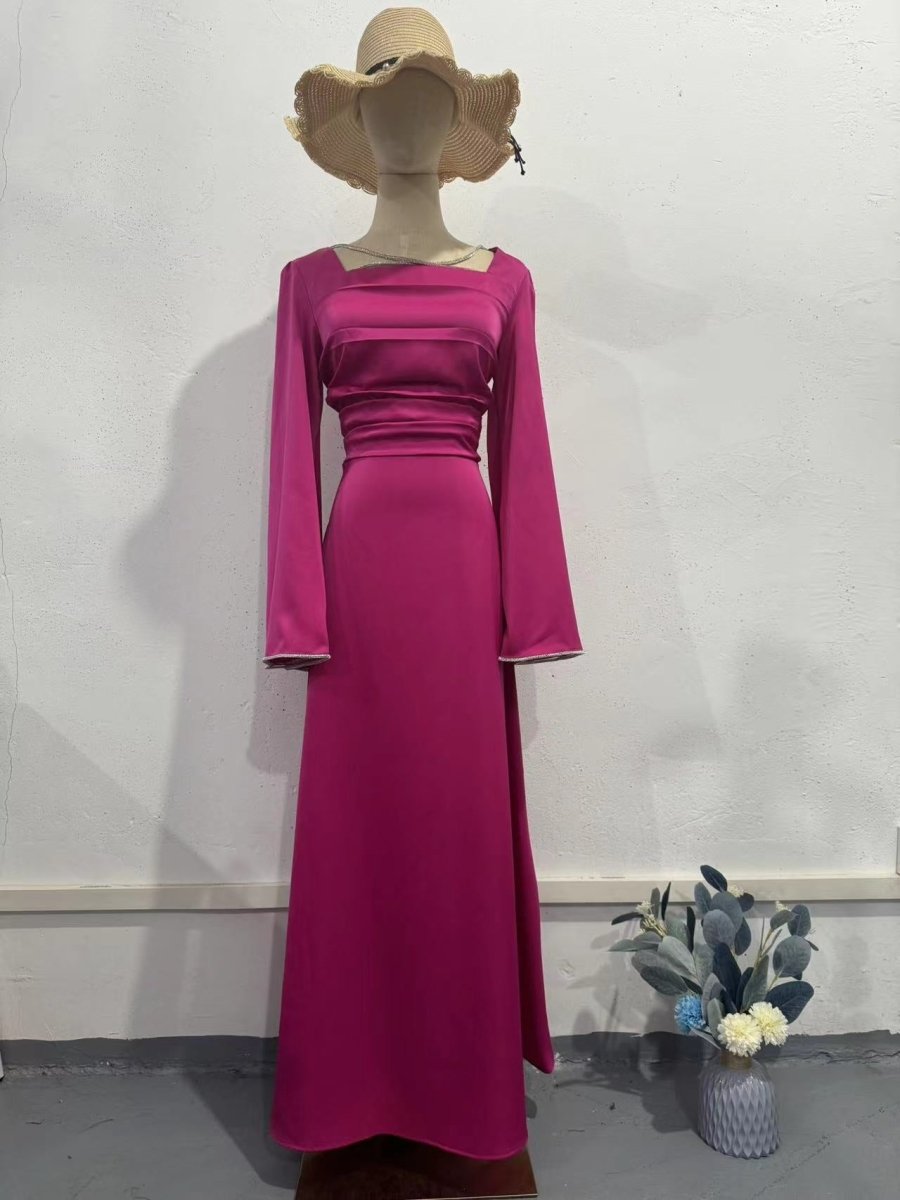 Elegant Square Neck Silk Satin Diamond Necklace Long Sleeve Gown with Flared Cuffs. (MA225) - Mariam's Collection
