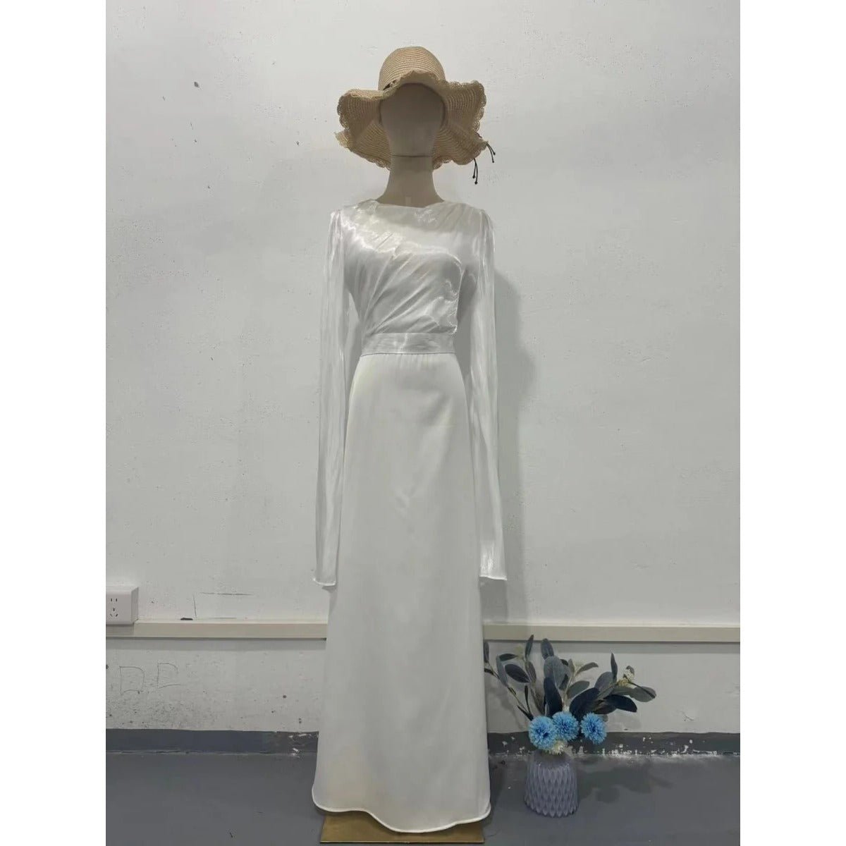 Elegant Summer Satin Slim Dress with Glass Yarn Pendulum Sleeves (MA161) - Mariam's Collection