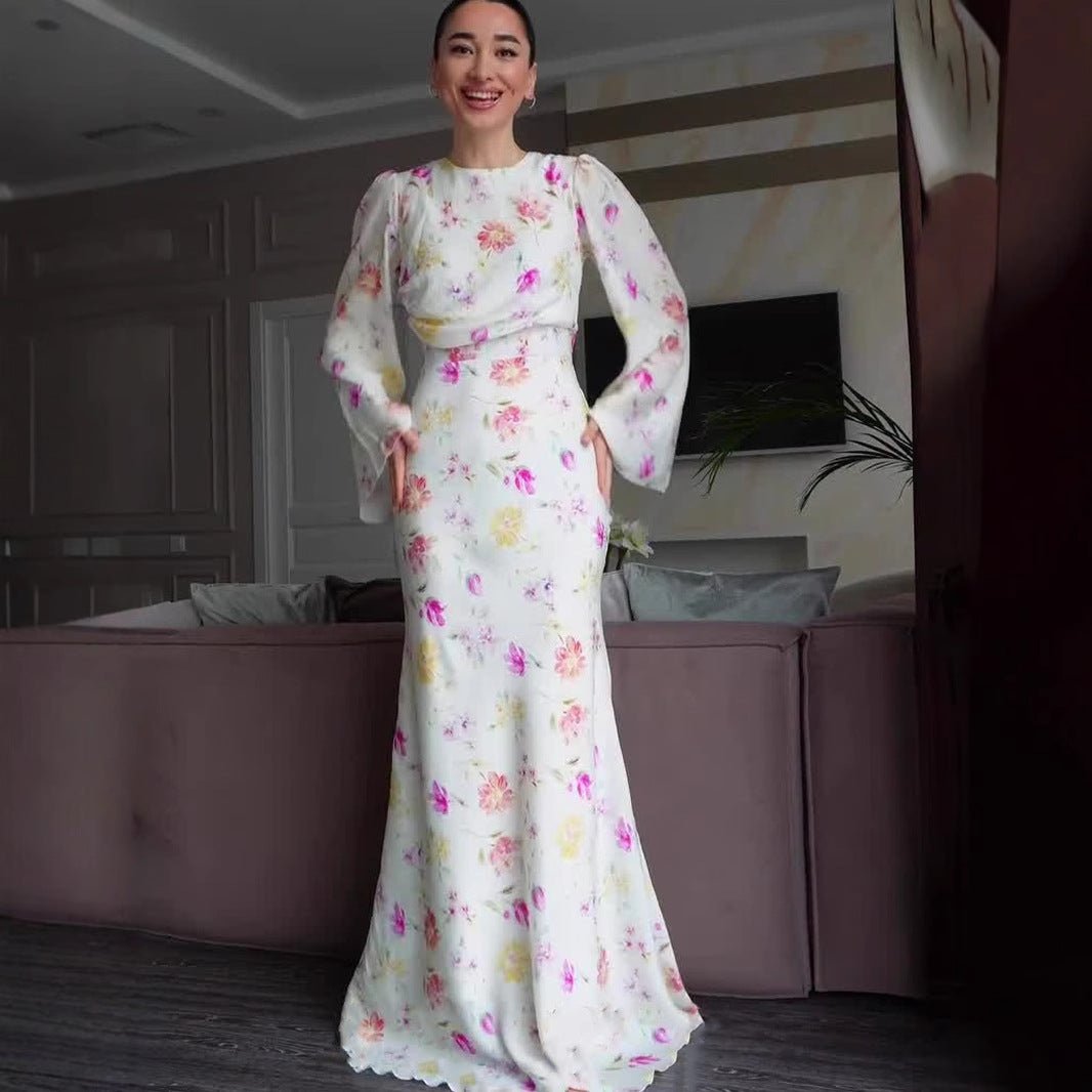 Elegant Sweetheart Neckline Floral Print Bells Sleeve Dress Abaya with Waist Tie. (MA210) - Mariam's Collection